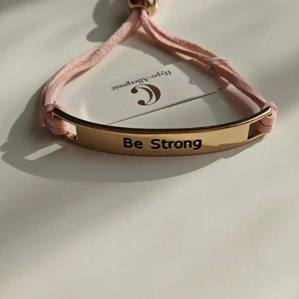 Charming Be Strong Bracelet Inspirational Bar Pink Suede Gold Tone Adjustable